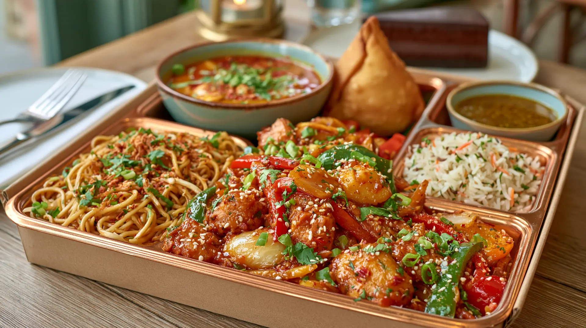 A sectioned takeaway box filled with noodles, saucy vegetables, rice, curry and a samosa.