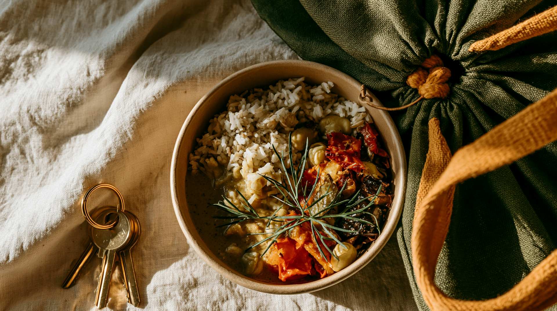 A ceramic bowl of curry with rice, olives and herbs, next to a set of keys and a wrapped cloth bag — a takeaway meal at home.
