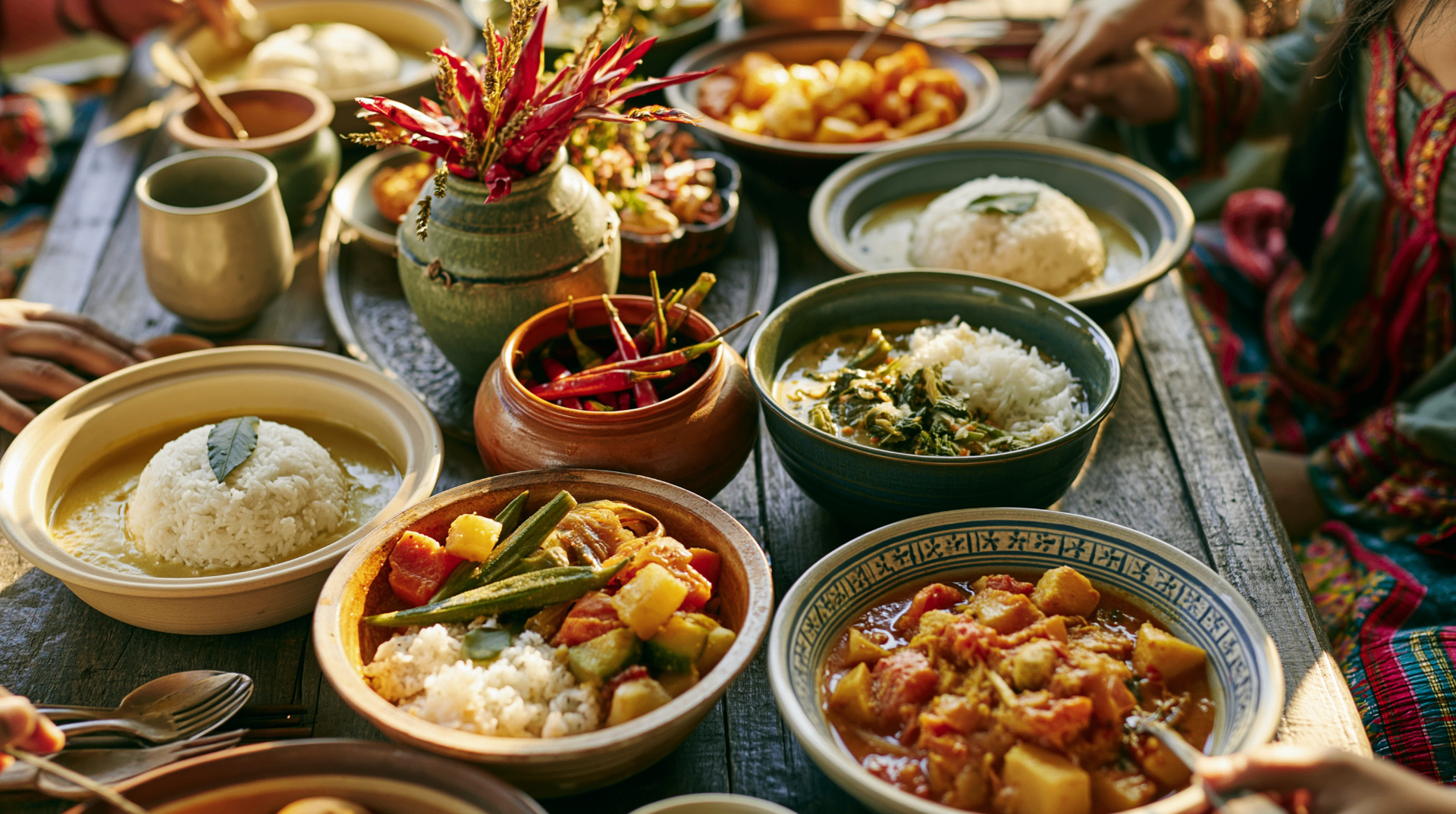 A spread of home-cooked curries, rice and pickles on a wooden table, shared between family members.