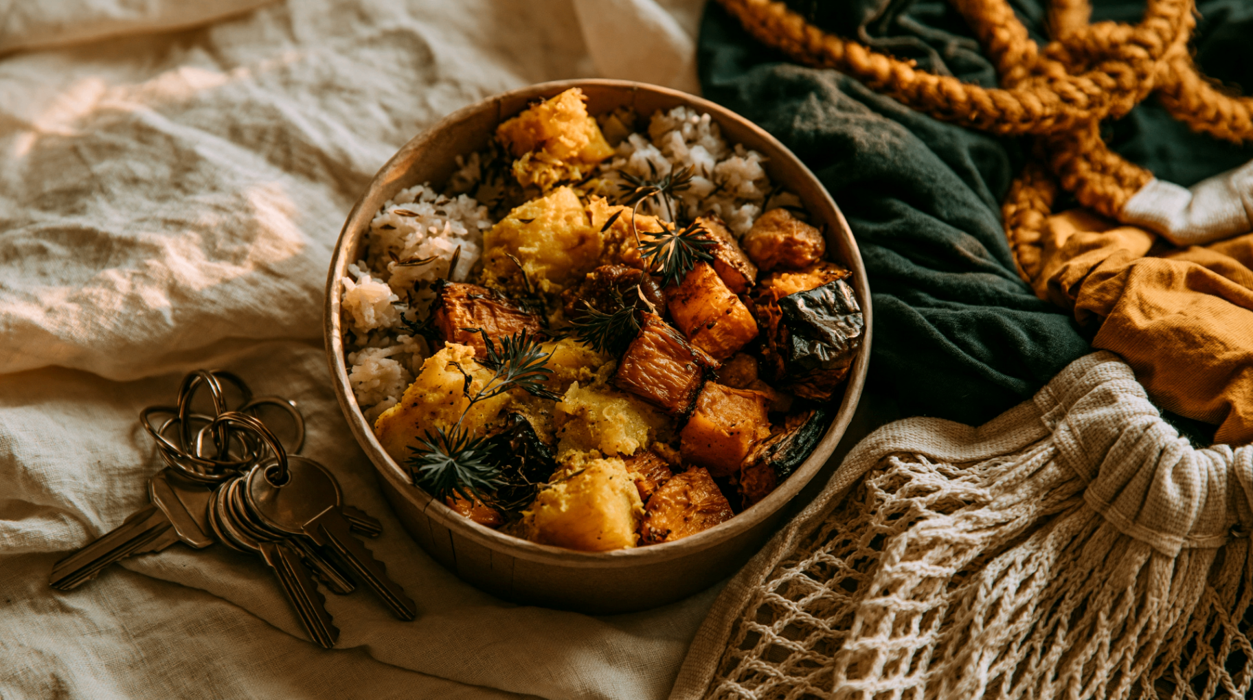 A kraft takeaway box filled with rice and roasted vegetables — a Heaped-style buffet box at home.